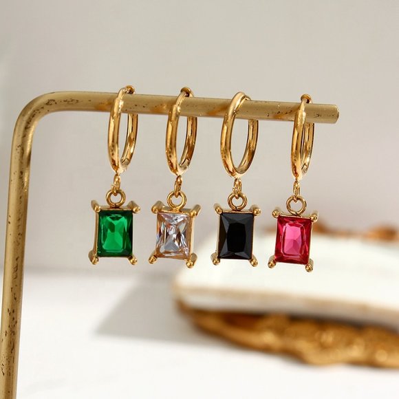 Clear Rectangle Zirconia Gemstone Hoop Earrings 18K Gold Plated Stainless Steel - Picture 5 of 9